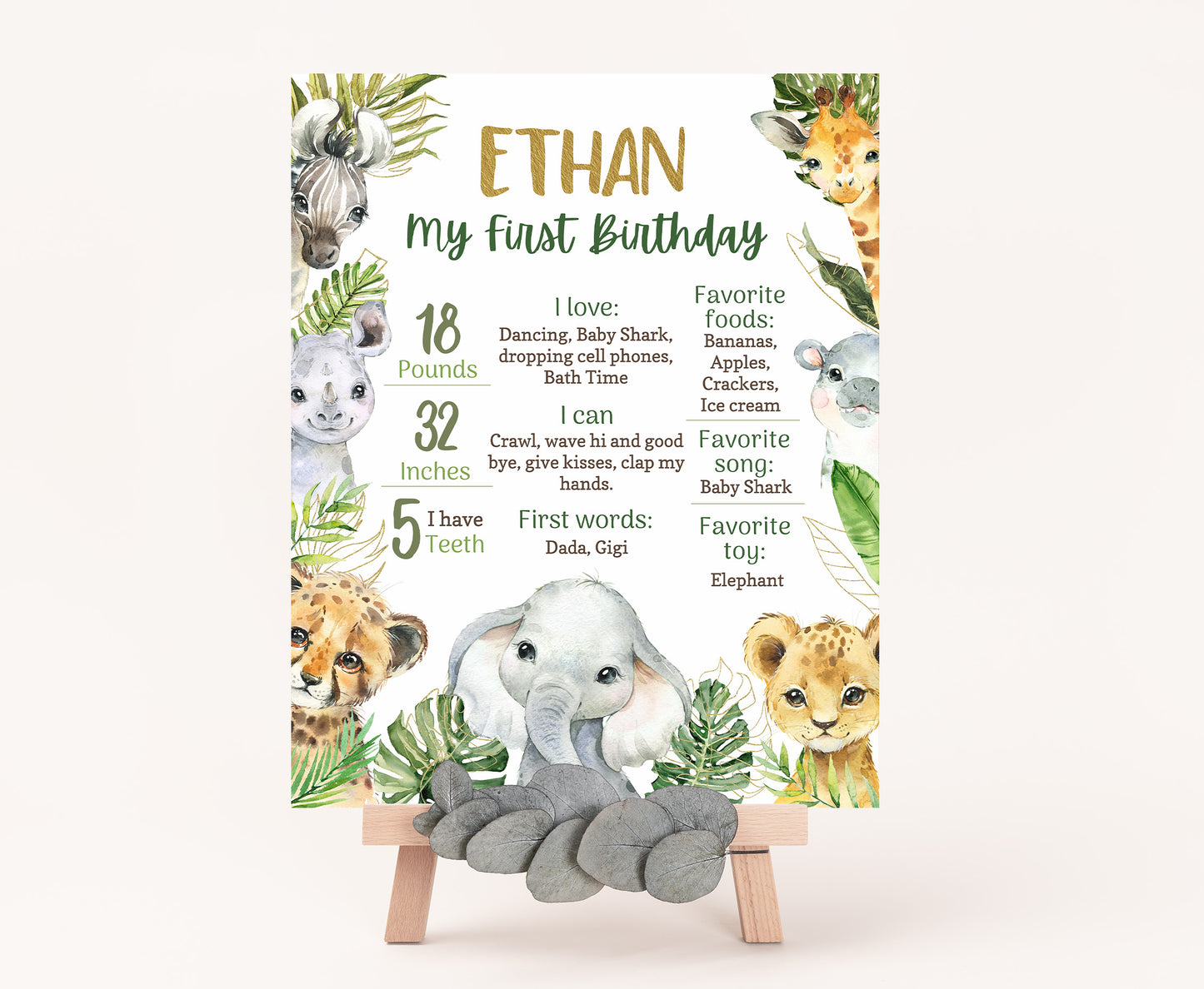 Safari Milestone Poster | Jungle 1st Birthday Decorations - 35A