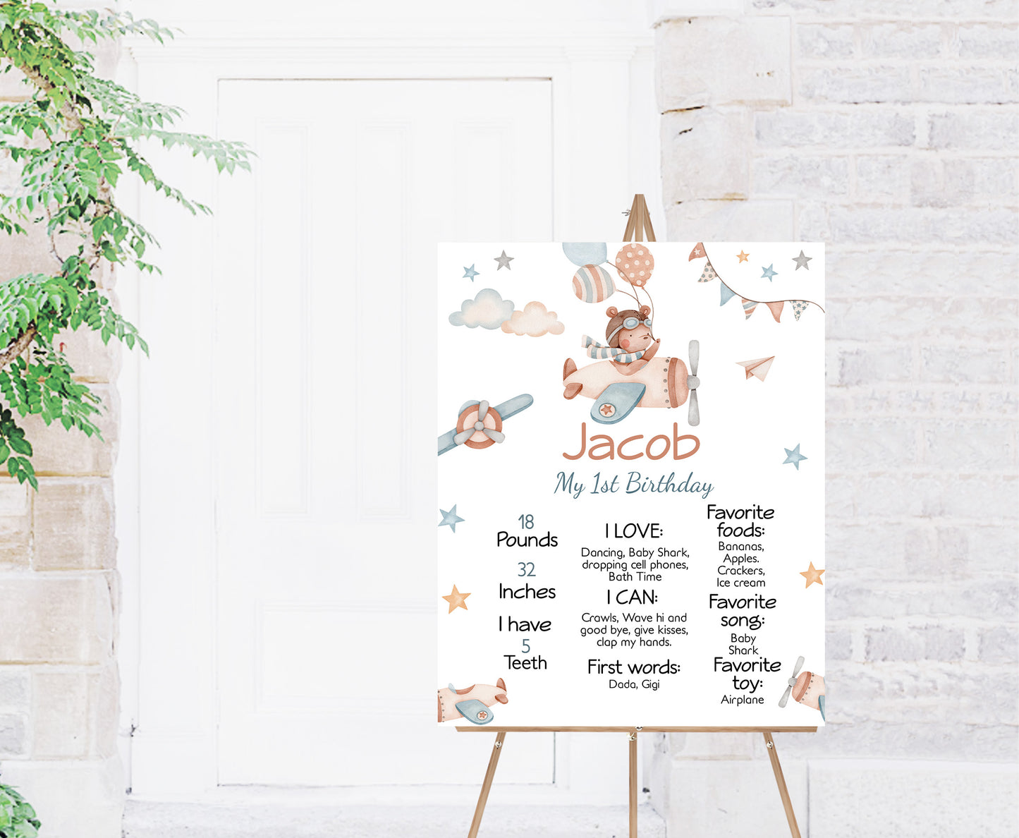 Aviator Milestone Poster | Bear 1st Birthday Decorations - 76C