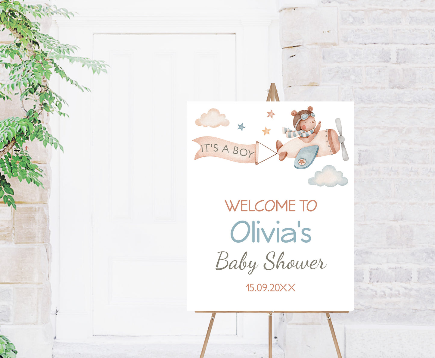 Editable airplane Bear Welcome Sign | It's a boy Baby shower decorations - 76C