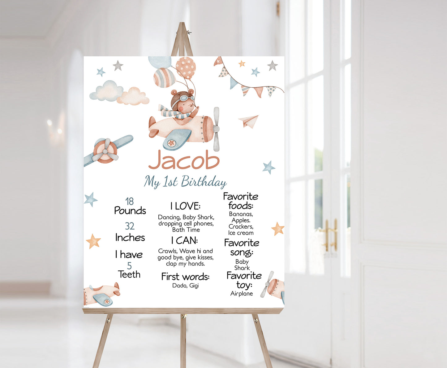 Aviator Milestone Poster | Bear 1st Birthday Decorations - 76C