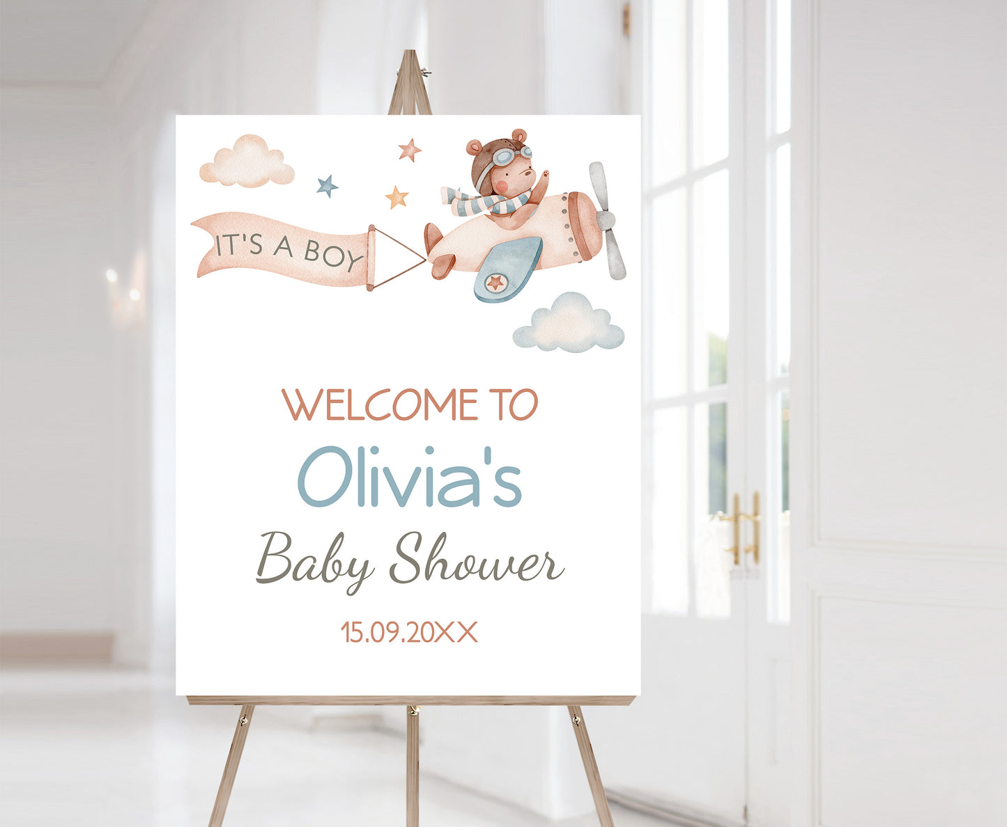 Editable airplane Bear Welcome Sign | It's a boy Baby shower decorations - 76C