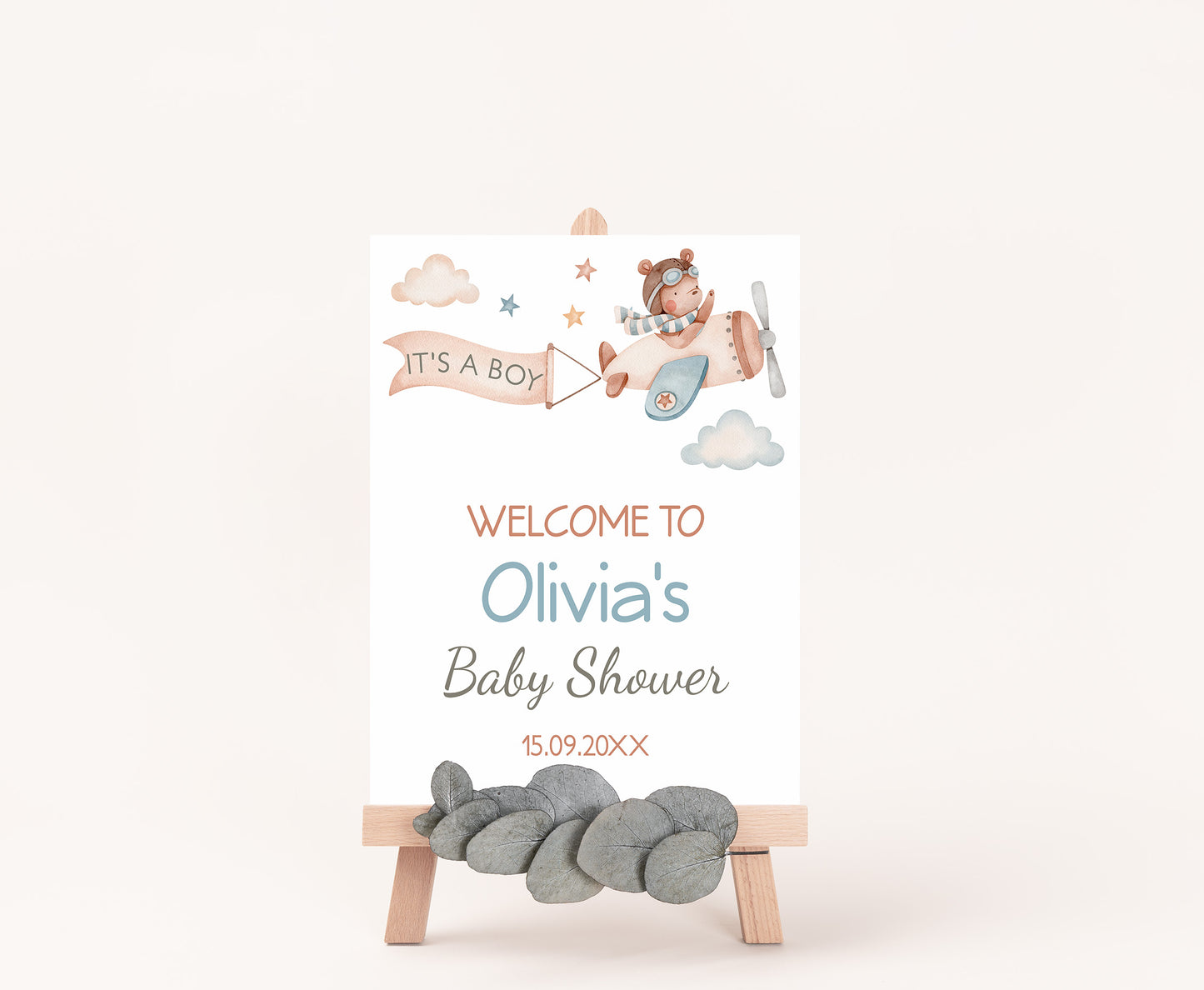 Editable airplane Bear Welcome Sign | It's a boy Baby shower decorations - 76C