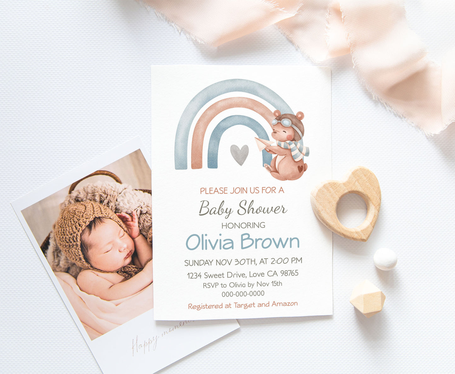 Aviator baby shower invitation | Editable Rainbow boy baby shower invite - 76C