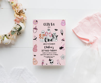 Pink Ghost Halloween Birthday Invitation | Girl Halloween Party Invite - 115S