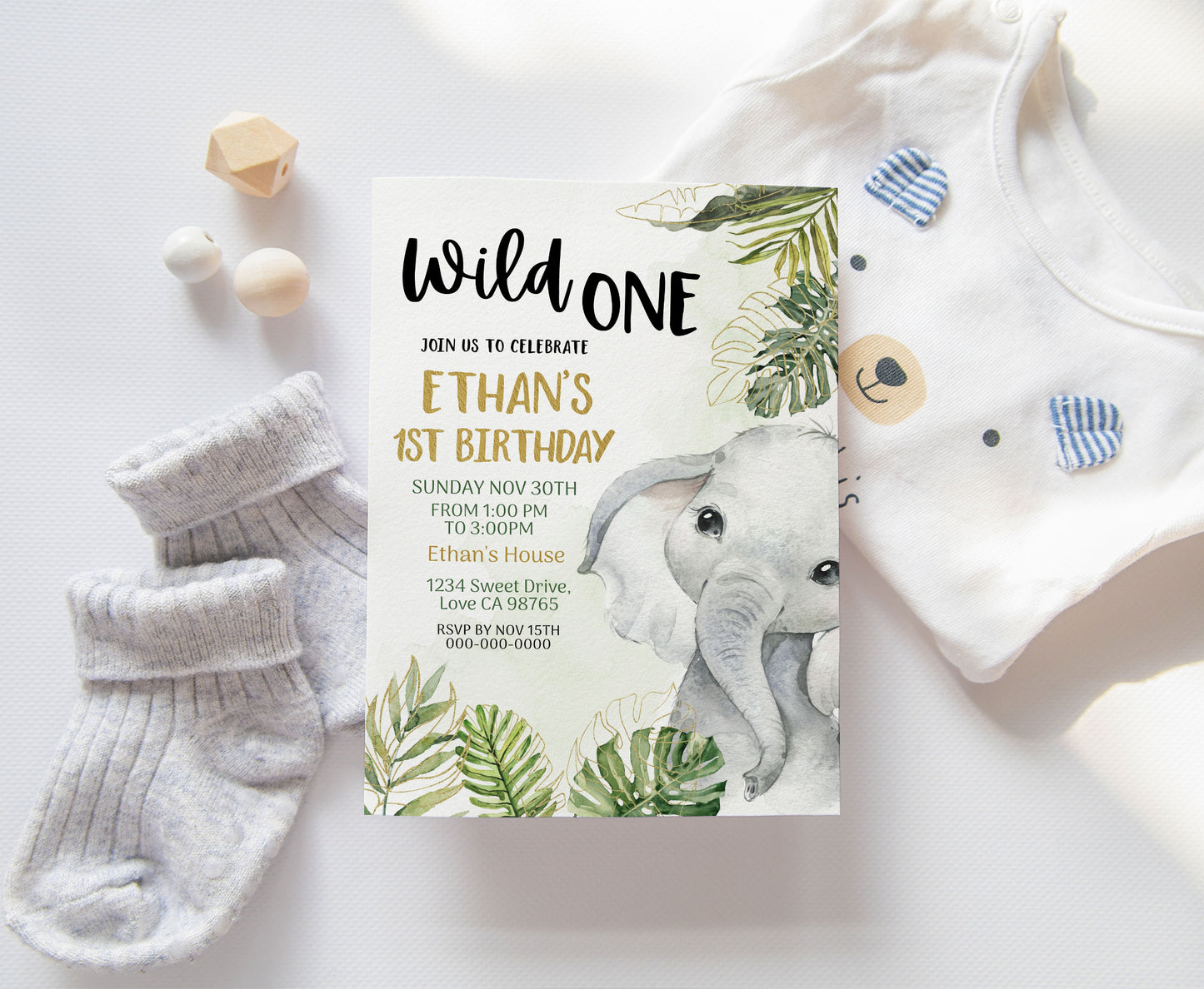 Elephant Wild One Invitation | Editable Safari 1st Birthday Invite - 35A