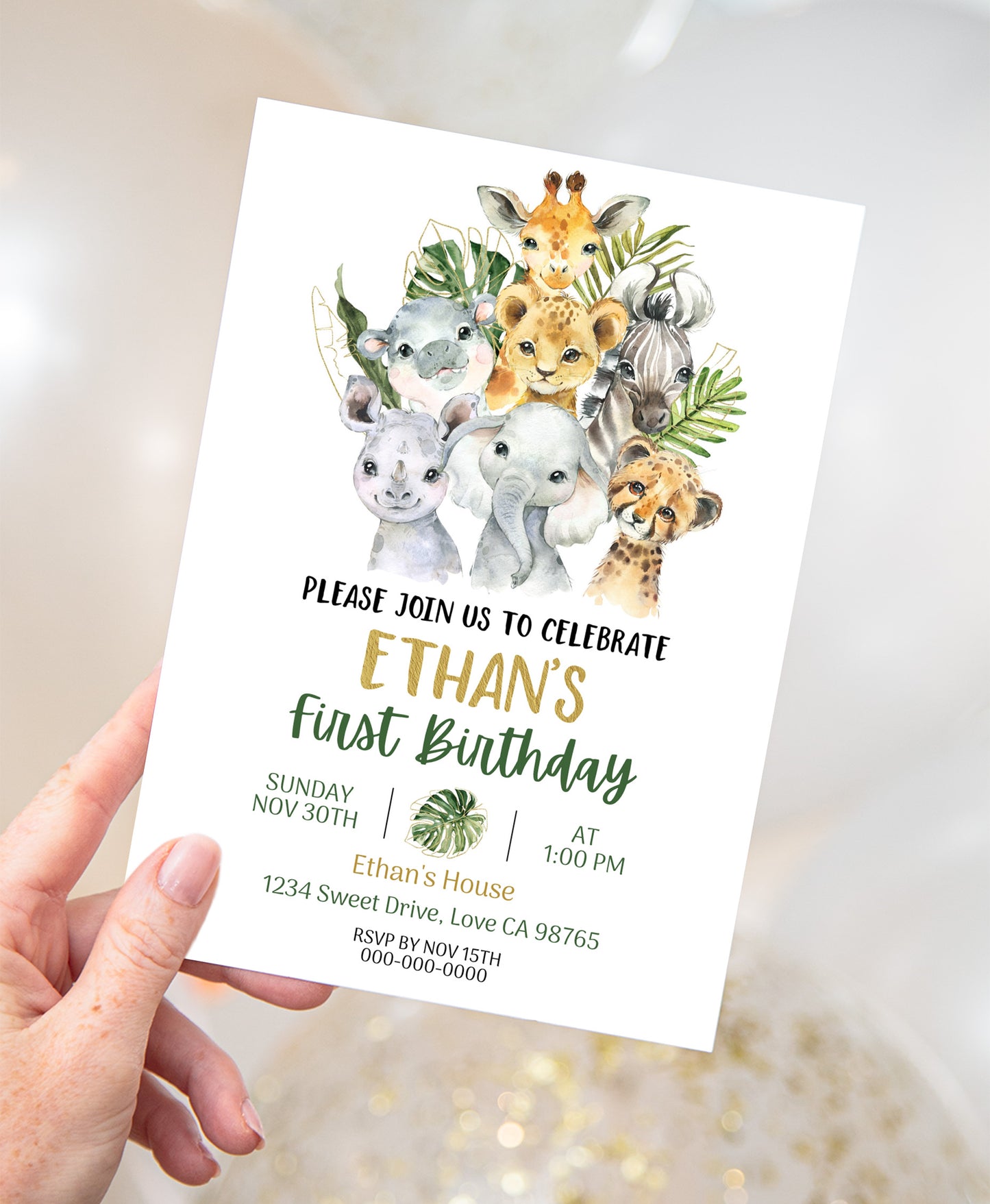 Safari first birthday Invitation | Editable Jungle Animals 1st Birthday Invite - 35A