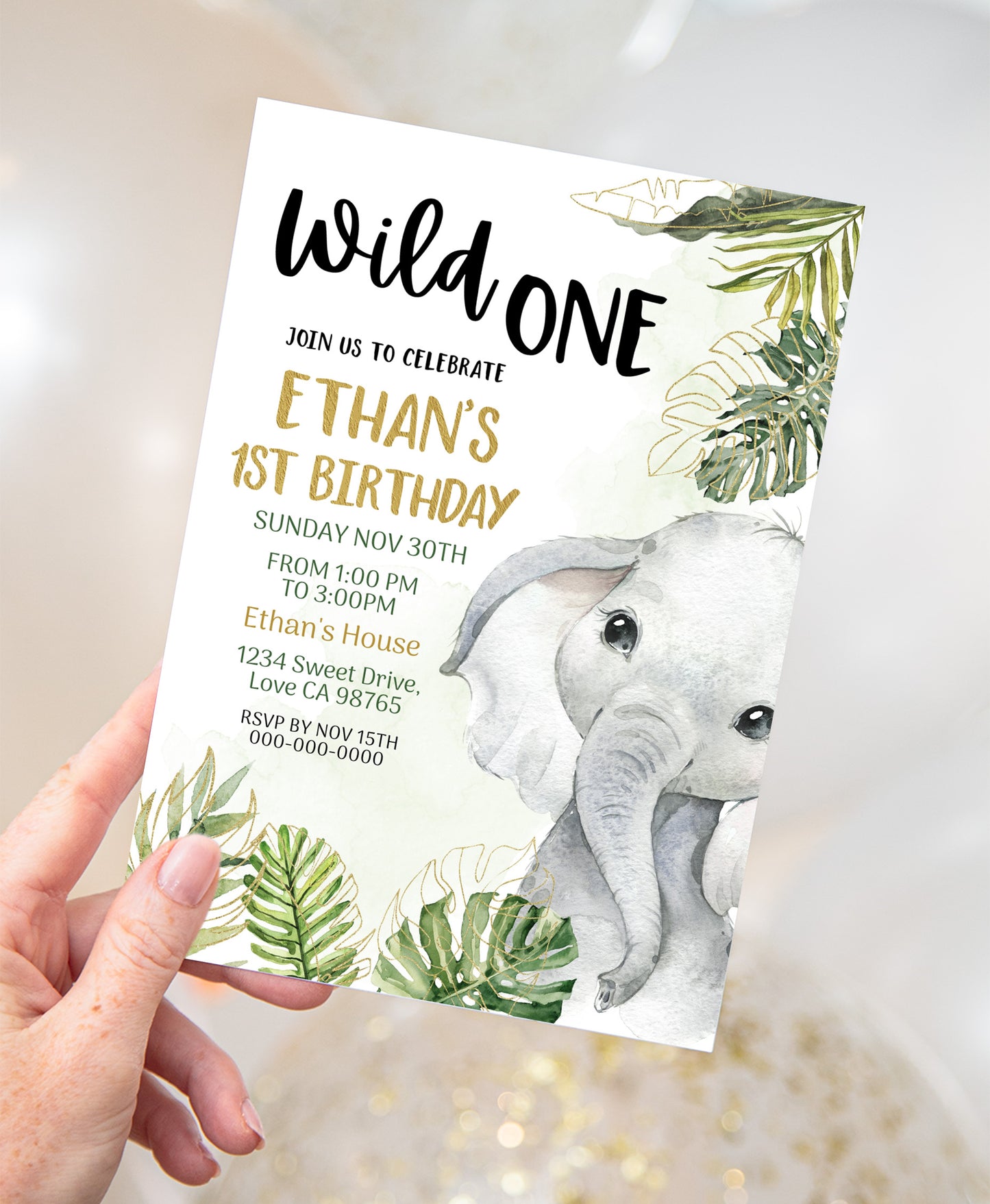 Elephant Wild One Invitation | Editable Safari 1st Birthday Invite - 35A