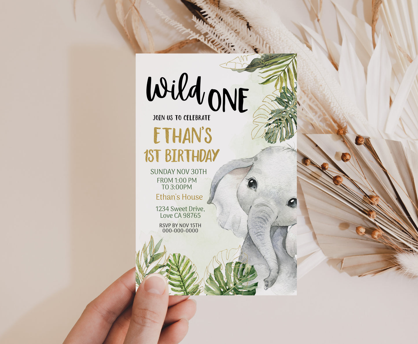 Elephant Wild One Invitation | Editable Safari 1st Birthday Invite - 35A