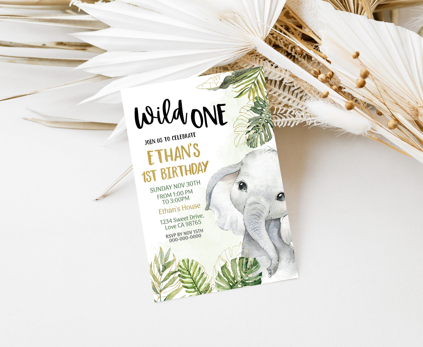 Elephant Wild One Invitation | Editable Safari 1st Birthday Invite - 35A