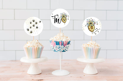 Bee 2nd Birthday Cupcake Toppers 2" | Bumble Bee Themed Party Decorations - 61A