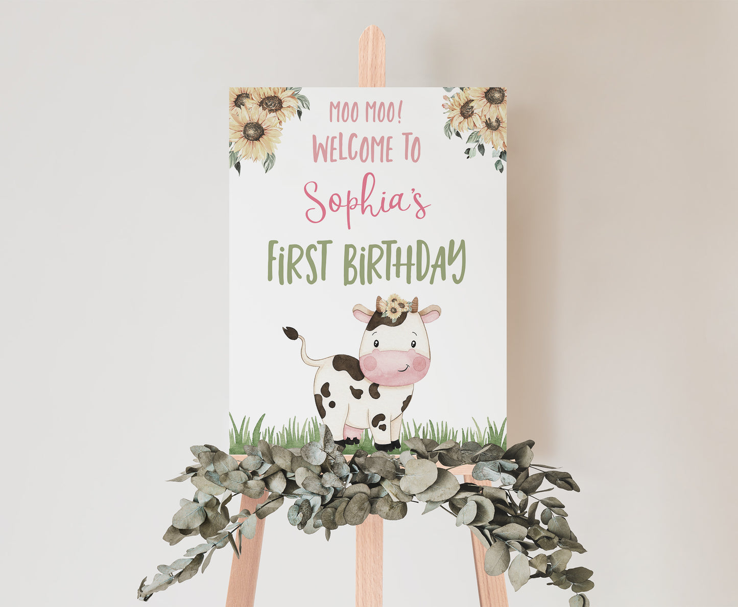 Sunflowers Cow Welcome Sign | Farm Birthday Party Decoration - 11G