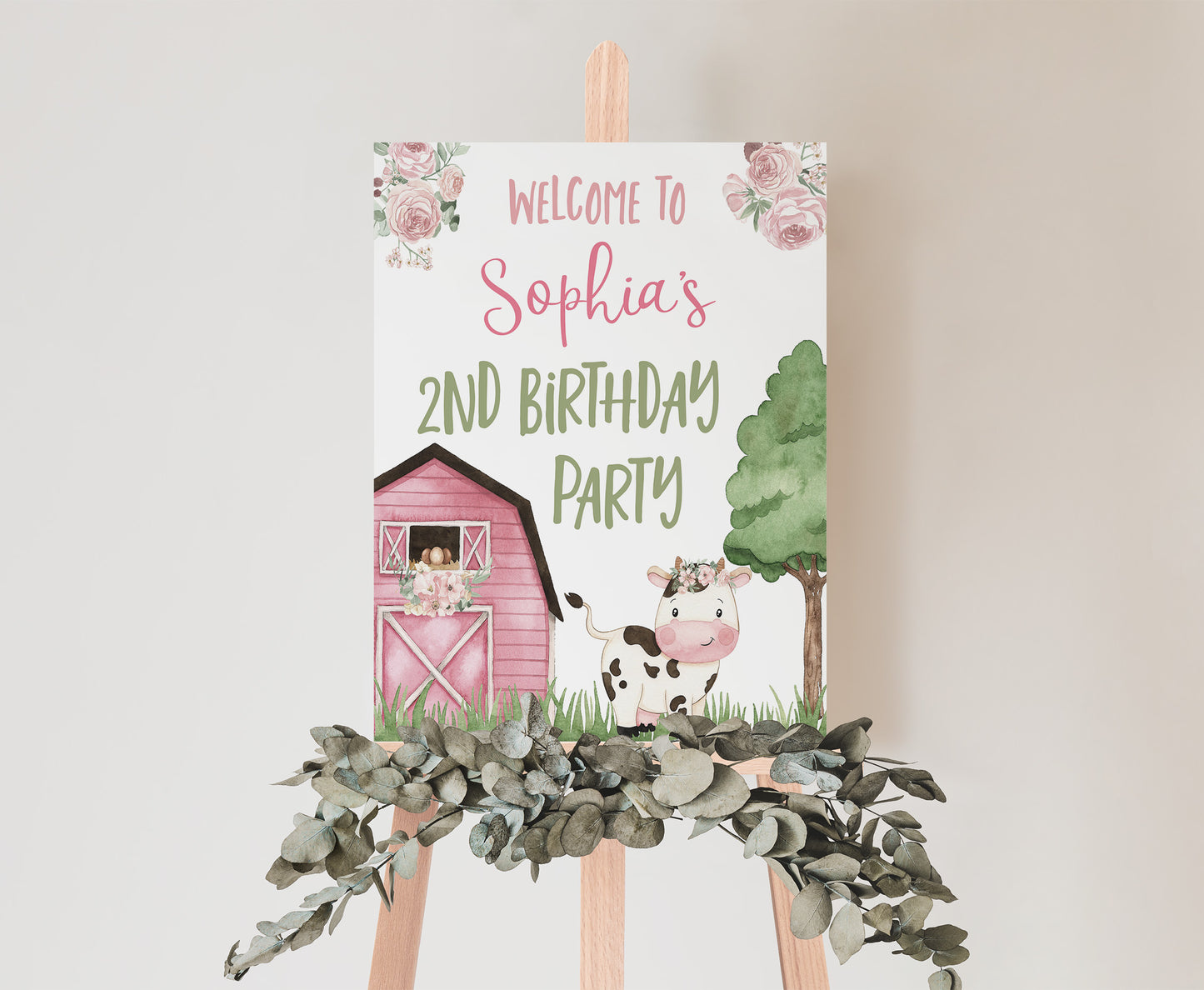 Floral cow Birthday Welcome Sign | Girl Barnyard Party Decorations - 11A