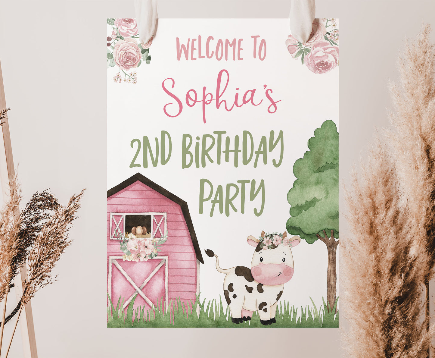 Floral cow Birthday Welcome Sign | Girl Barnyard Party Decorations - 11A