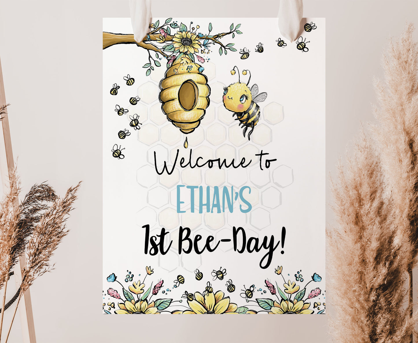 1st Bee Day Welcome Sign | Bumble Bee Birthday Party Printables - 61A