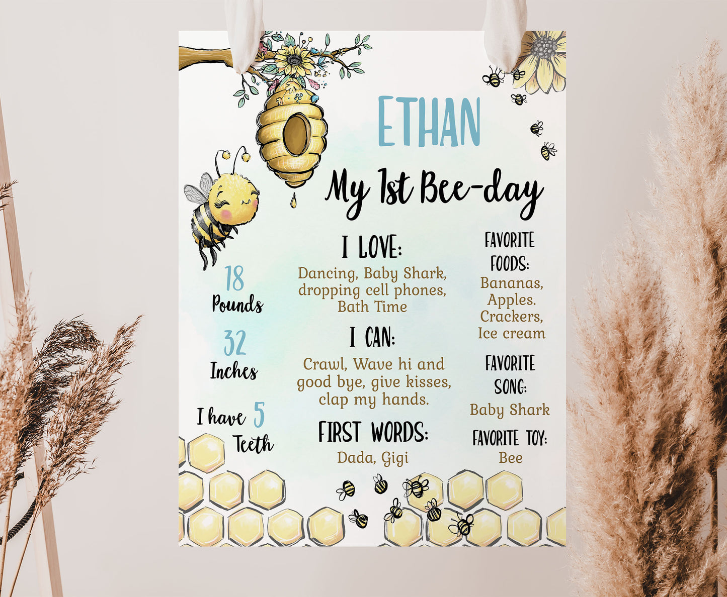 Editable Bee Milestone Poster BOY | Bumble Bee 1st Birthday Decorations - 61A