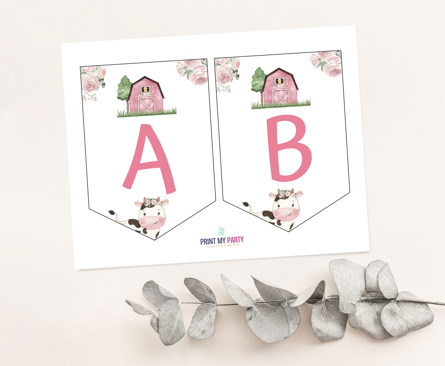 Editable Girl Cow Banner | Floral Farm Party Decorations - 11A