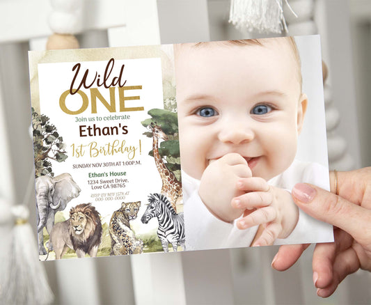 Wild One Safari Photo Invitation | Jungle Birthday Invite - 35I