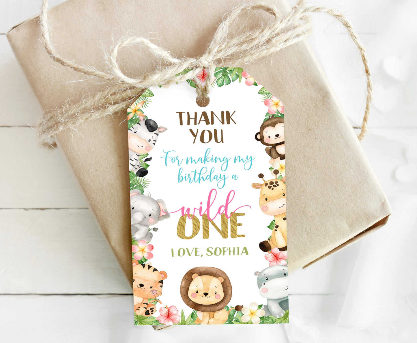 Girl Safari 1st Birthday Thank You Tags | Editable Jungle birthday party tags - 35E