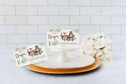 Woodland Diaper Raffle Sign and Ticket Card | Forest Animals Baby Shower Game Printable - 47J0