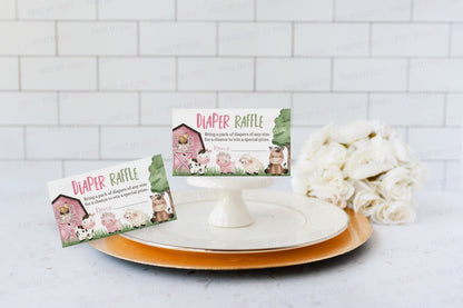 Girl Farm Diaper Raffle Sign and Ticket Card | Barnyard Baby Shower Game Printable - 11A