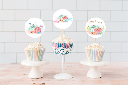 Pumpkin Gender Reveal Cupcake Toppers | Fall He or She Cupcake Picks - 30A