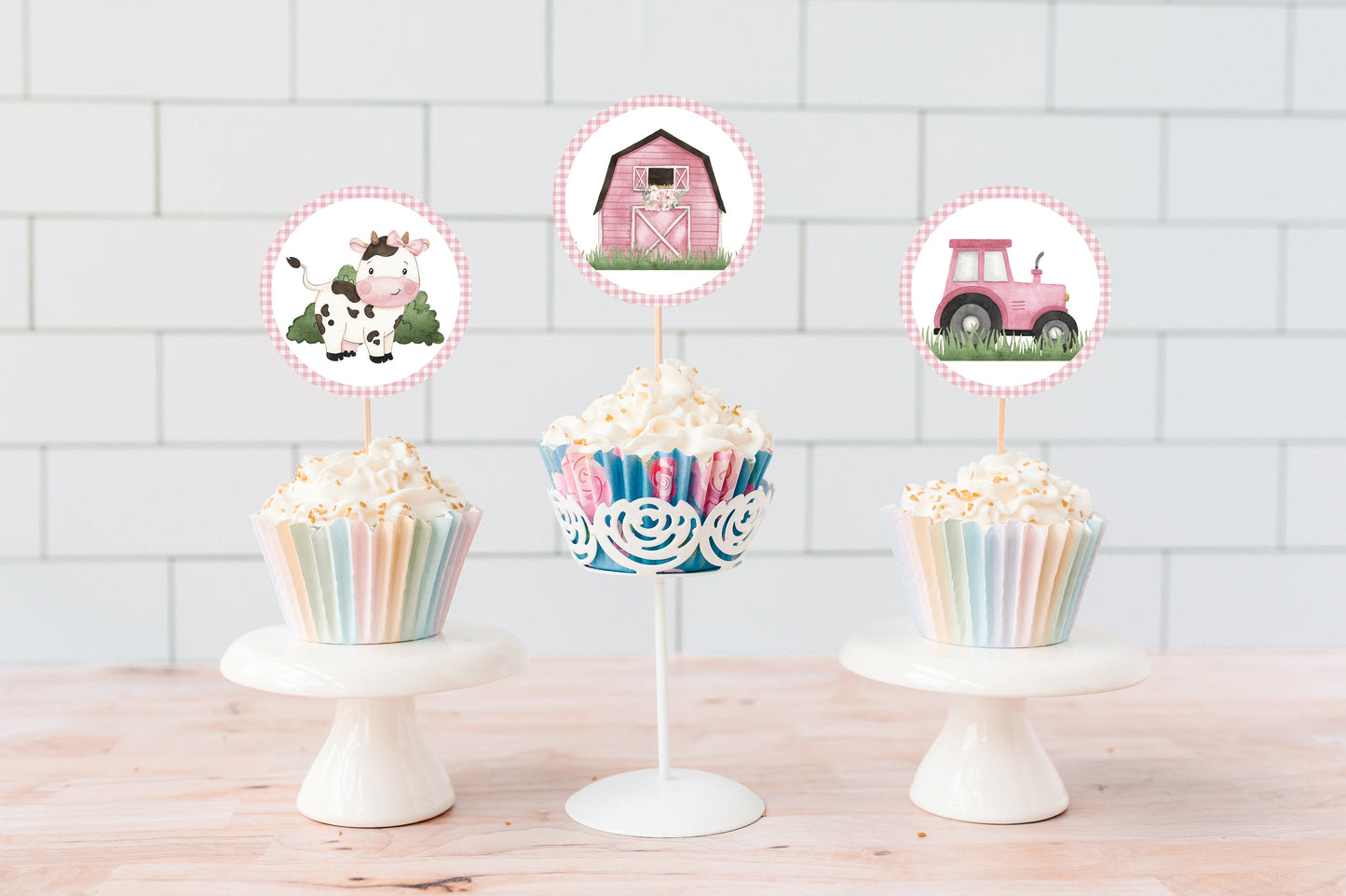 Girl Farm Cupcake Toppers | Pink Barnyard Themed Party Cupcake Picks - 11A