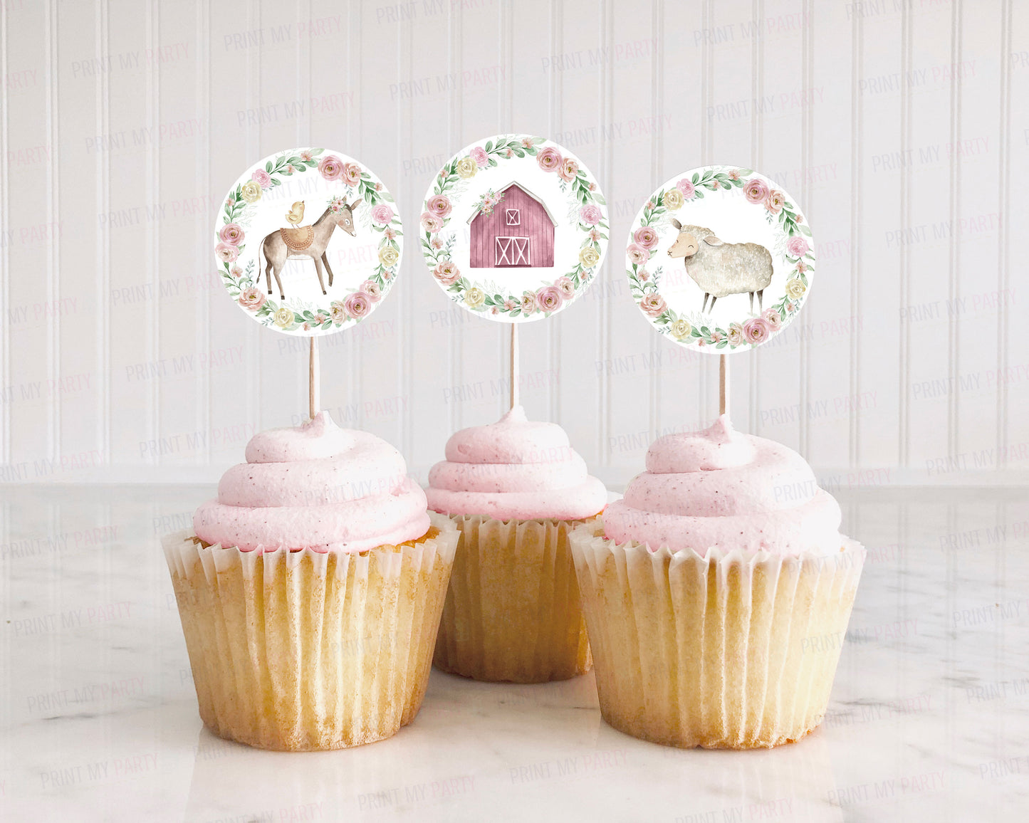 Floral Farm Cupcake Toppers | Girl Farm Themed Party Cupcake Picks - 11B