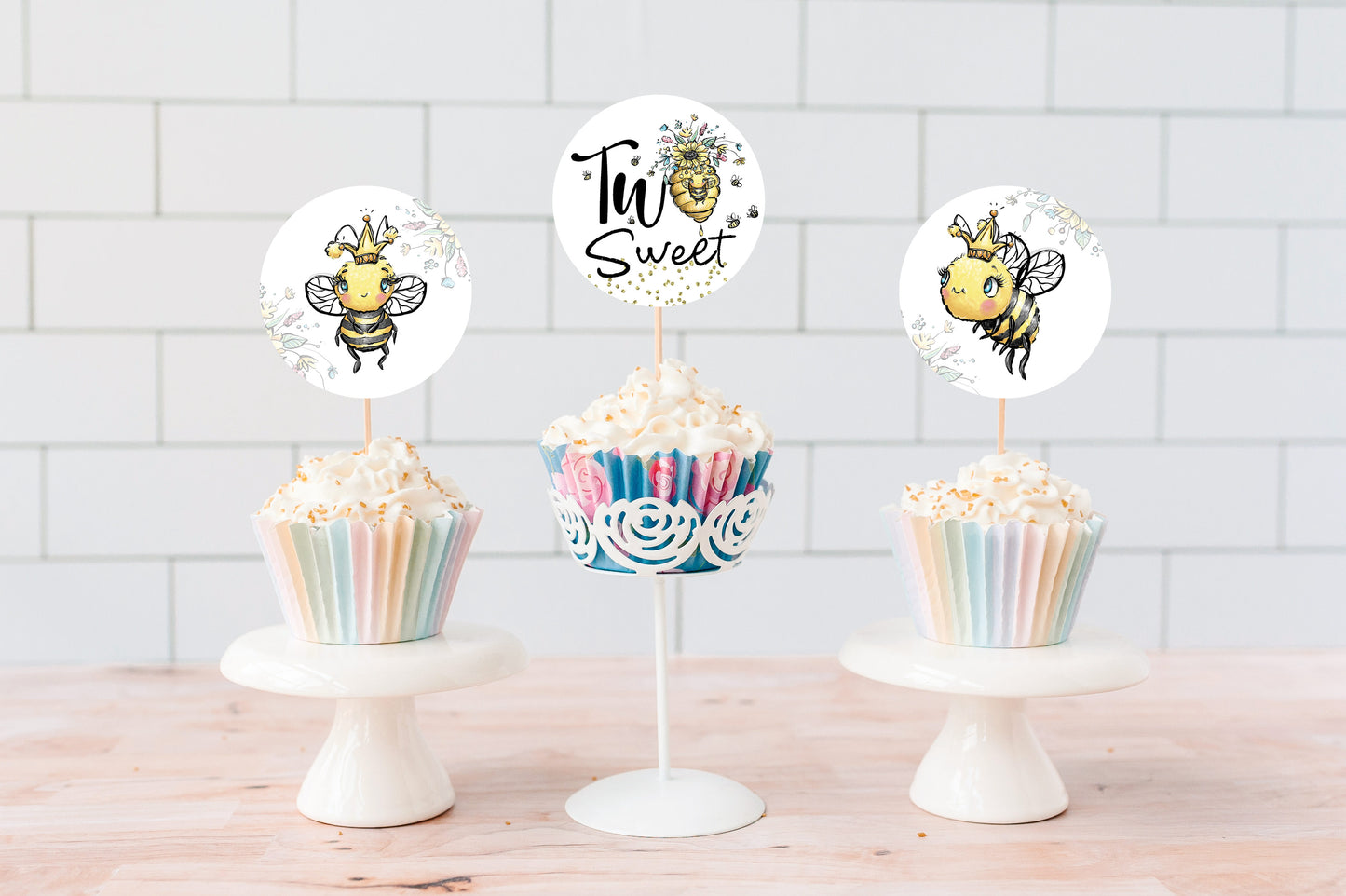 Bee 2nd Birthday Cupcake Toppers 2" | Bumble Bee Themed Party Decorations - 61A