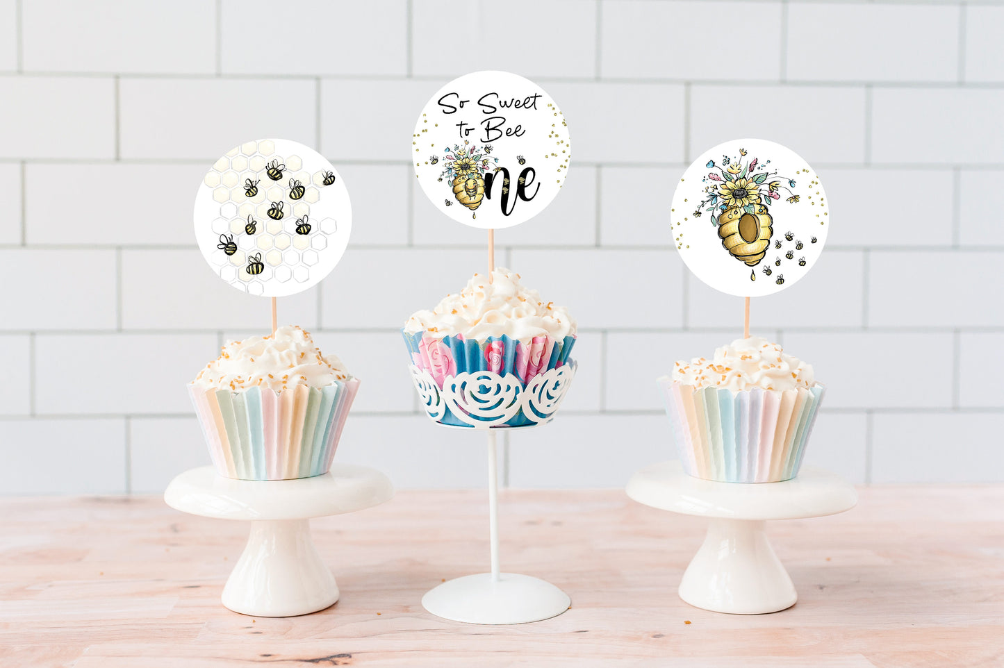 Bee 1st Birthday Cupcake Toppers 2" | Bumble Bee Themed Party Decorations - 61A