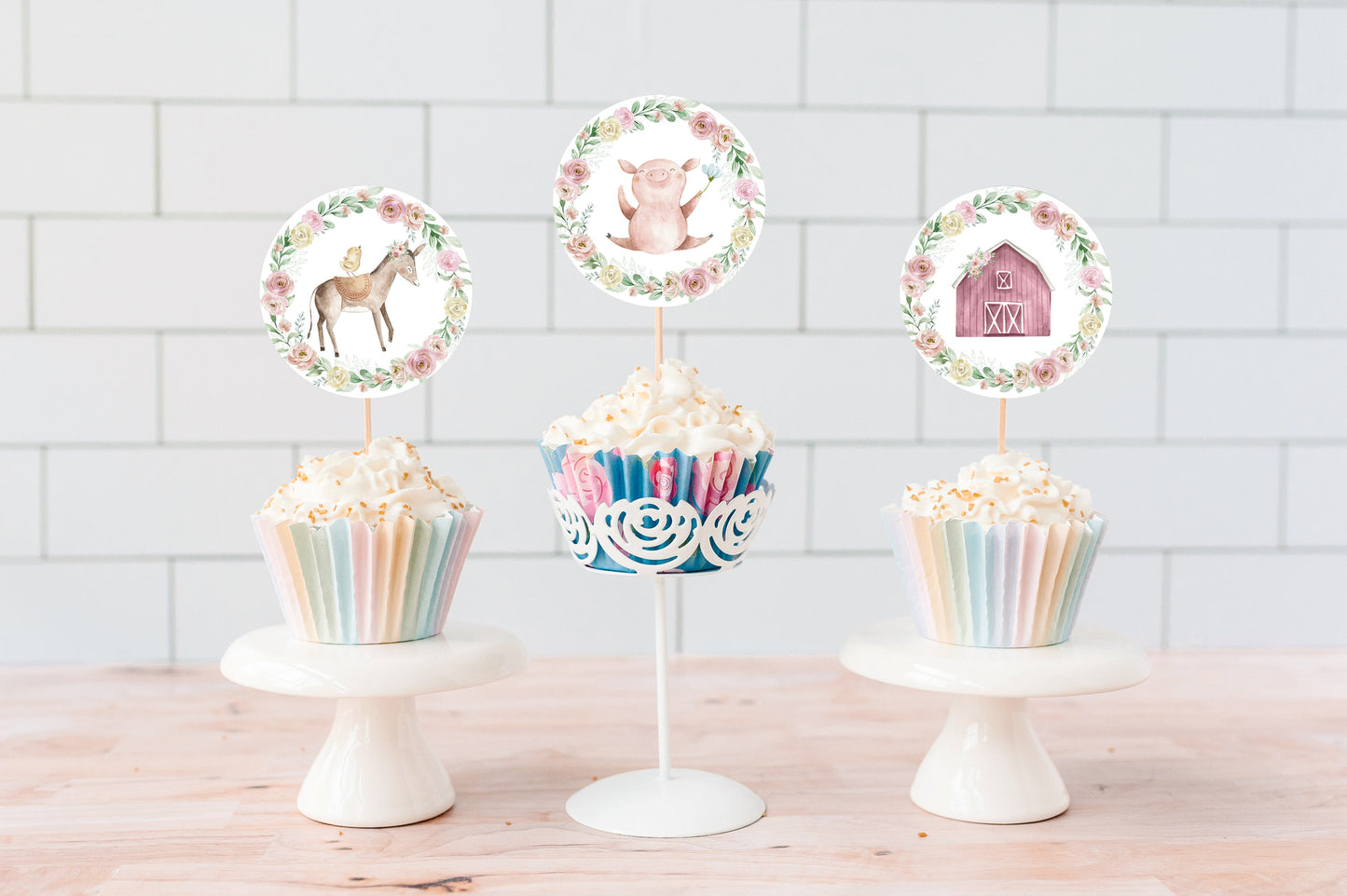 Floral Farm Cupcake Toppers | Girl Farm Themed Party Cupcake Picks - 11B