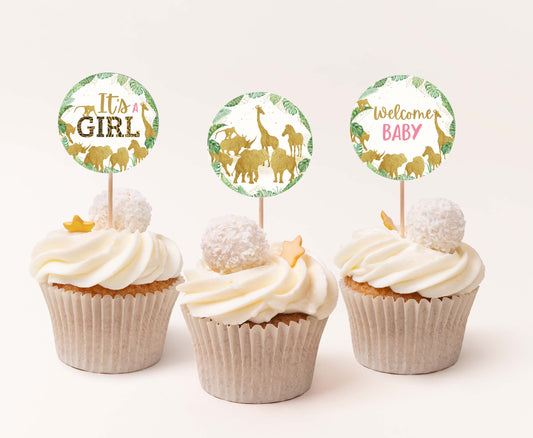 Safari It's a Girl Cupcake Toppers | Jungle Baby Shower Cupcake Picks - 35K