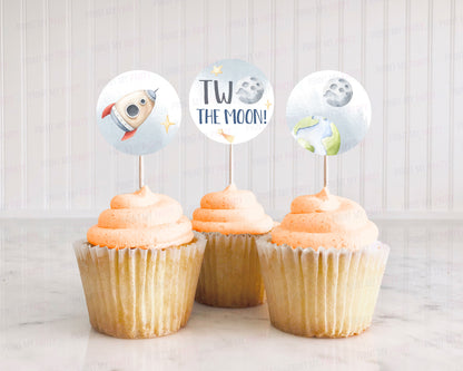 Two The Moon Cupcake Toppers | Space Themed 2nd Birthday Party Decorations - 39B