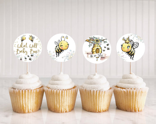 What Will Baby Bee Gender Reveal Cupcake Toppers | Bee He or She Cupcake Picks - 61A