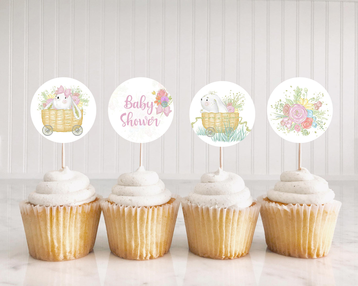 Bunny Baby Shower Cupcake Toppers | Girl Baby Shower Themed Cupcake Picks - 62A