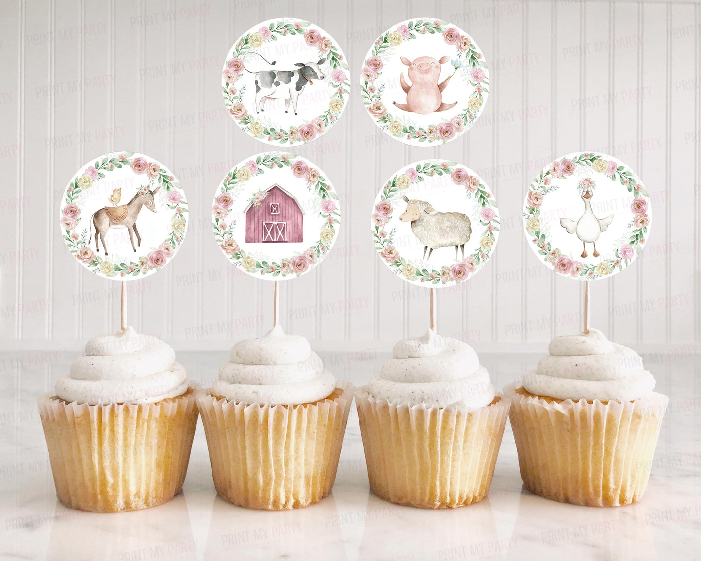 Floral Farm Cupcake Toppers | Girl Farm Themed Party Cupcake Picks - 11B