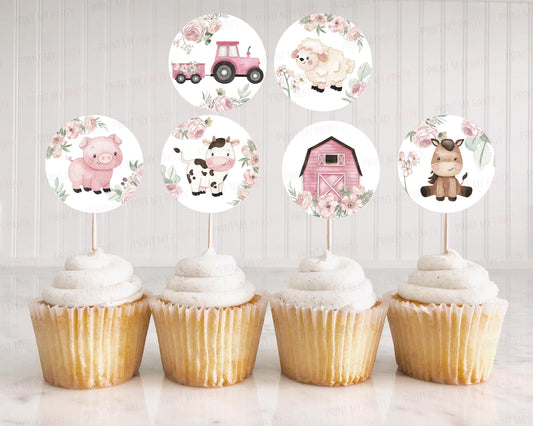 Floral Farm Cupcake Toppers | Girl Barnyard Themed Party Cupcake Picks - 11A