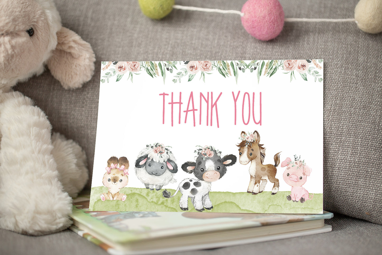 Girl Farm Thank You Card | Floral Barnyard Party Printables  - 11C1