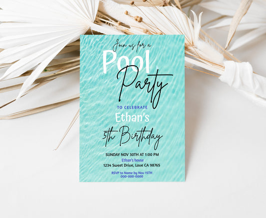 Pool Party Birthday Invitation | Editable Summer Theme Party Invite - 40B