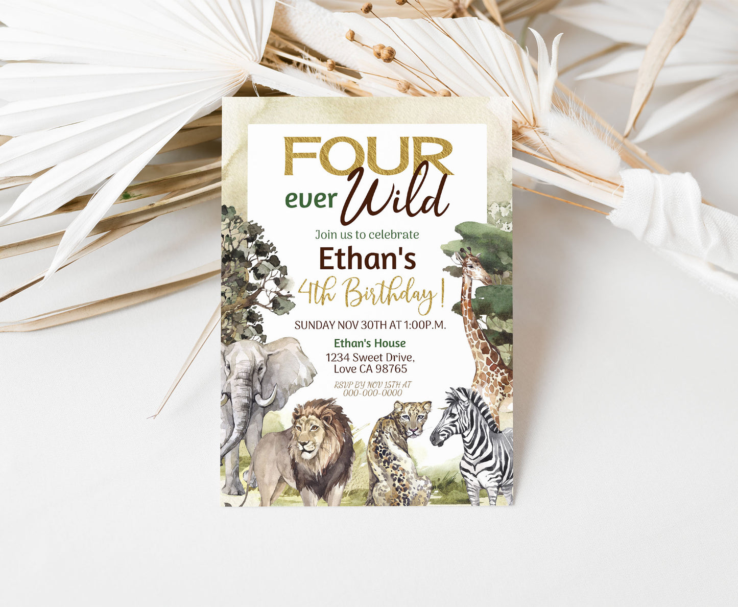 Four ever wild Birthday Invitation | Safari 4th birthday Party Invite - 35I