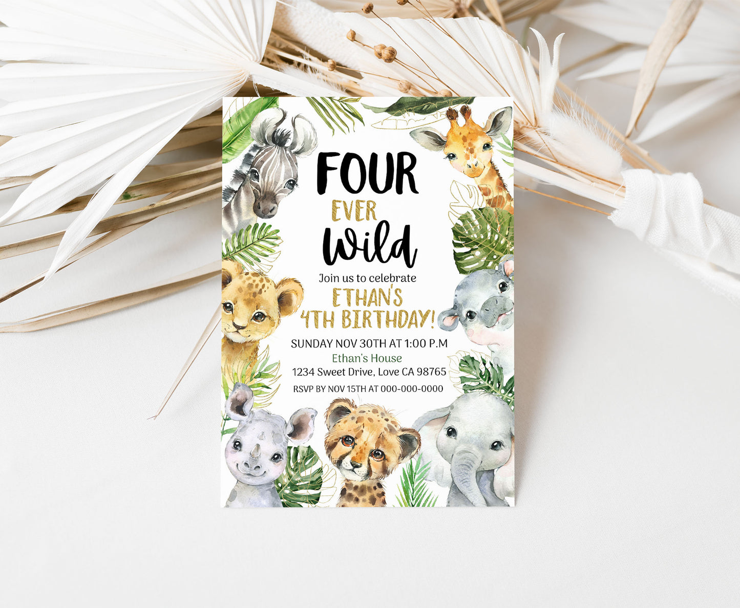 Four Ever Wild Safari Invitation | Editable Jungle 4th Birthday Invite - 35A