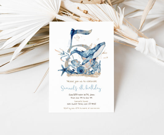 Whale Fifth birthday Invitation | Editable Under the sea Invite - 44C