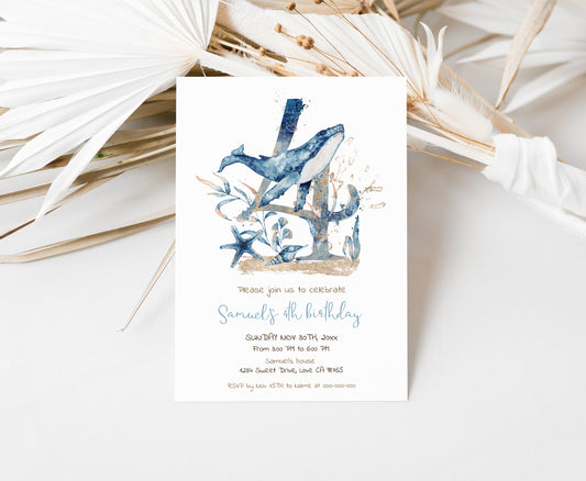 Whale fourth Birthday Invitation | Editable Under the sea Invite - 44C