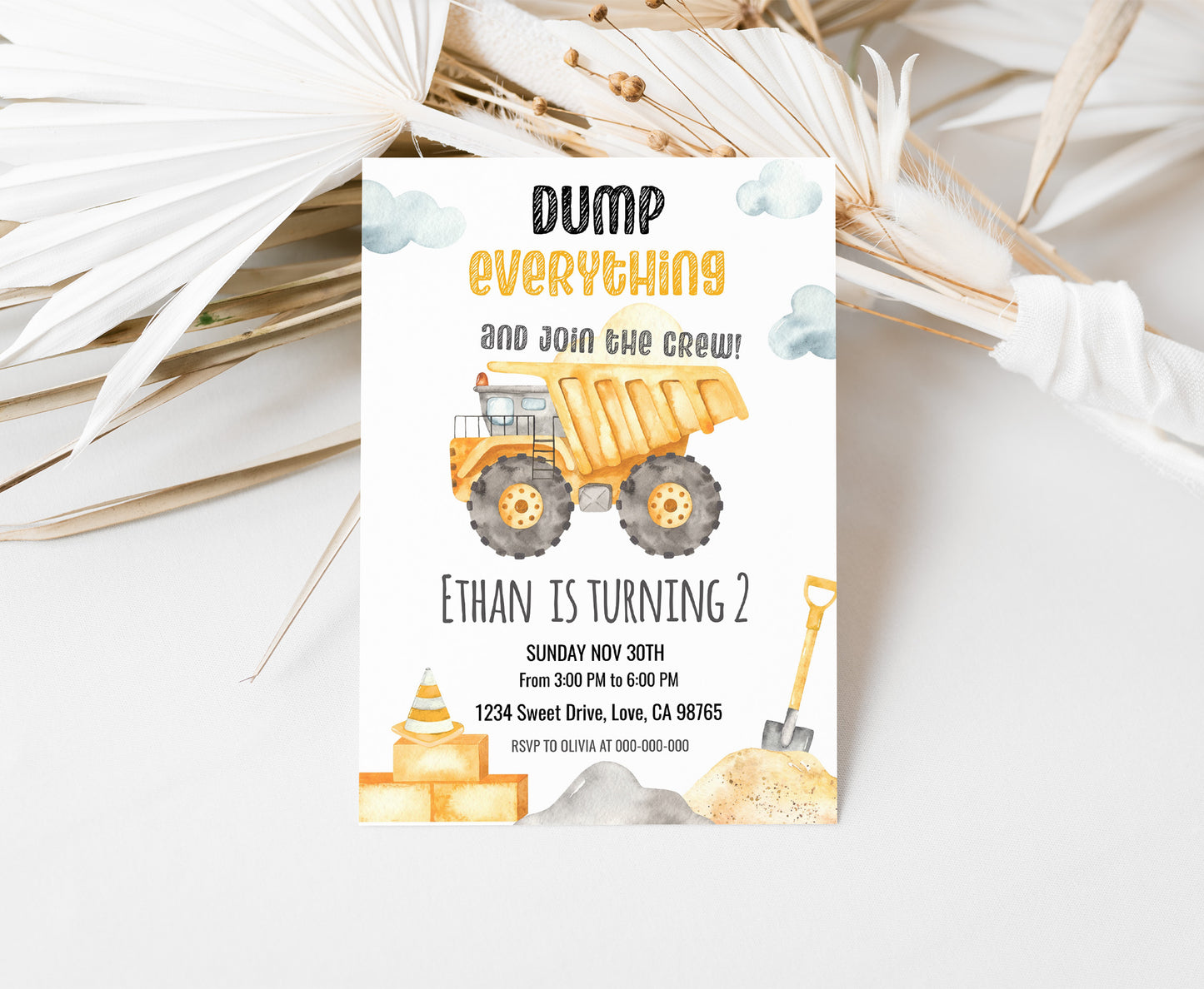 Dump Truck Birthday Invitation | Editable Construction Party Invite - 07A