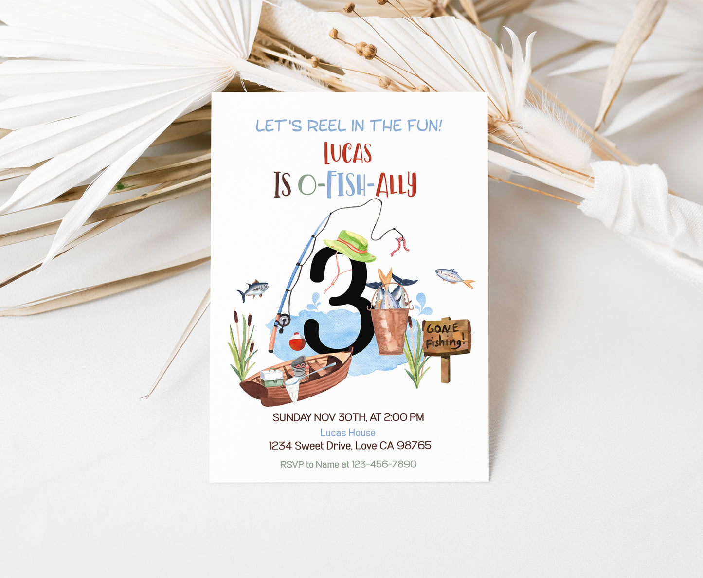 O-Fish-Ally three Birthday Invitation | Editable Fishing Theme Party Invite - 97A