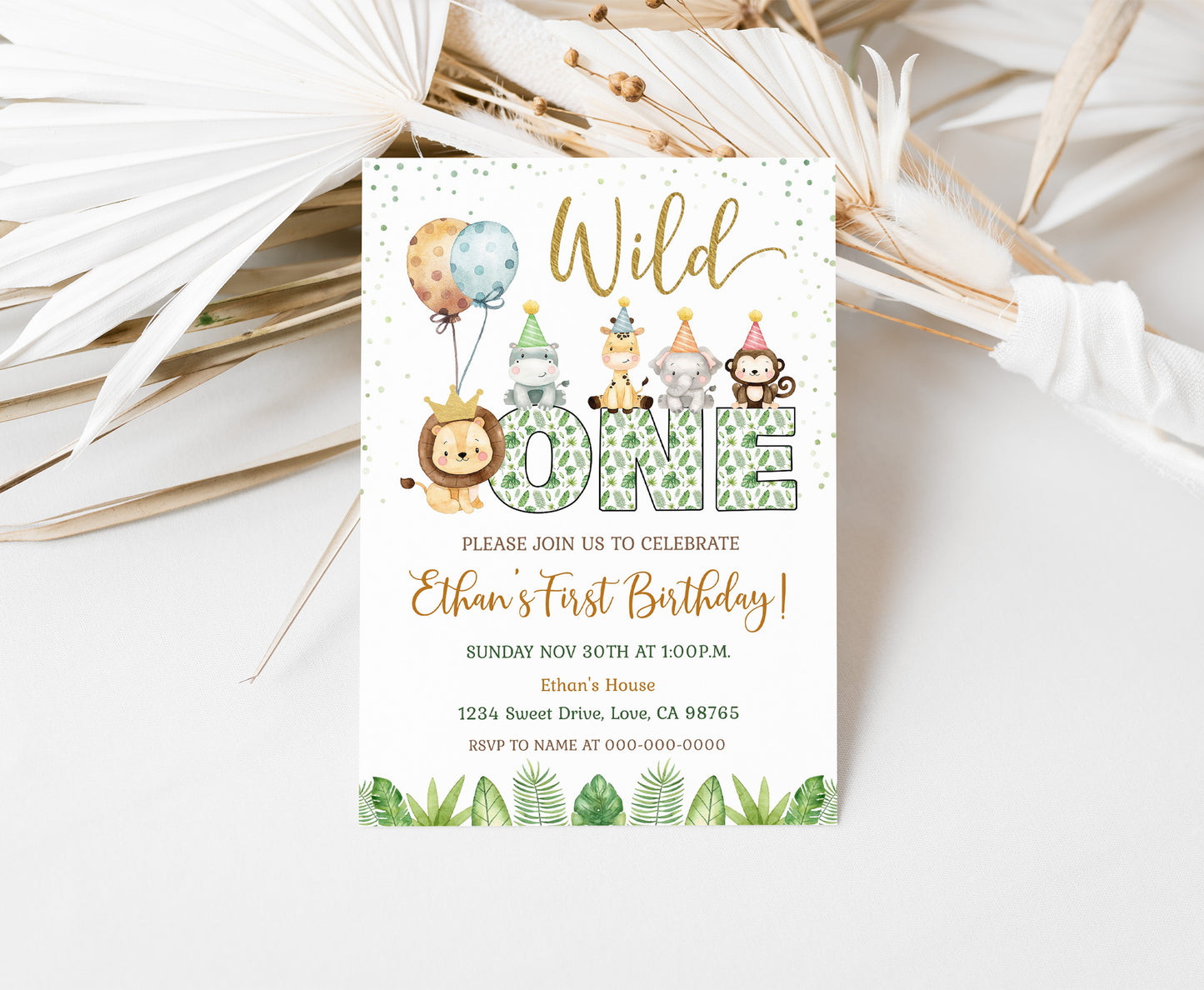 ONE Safari Birthday Invitation | Jungle Themed Party Invite - 35E