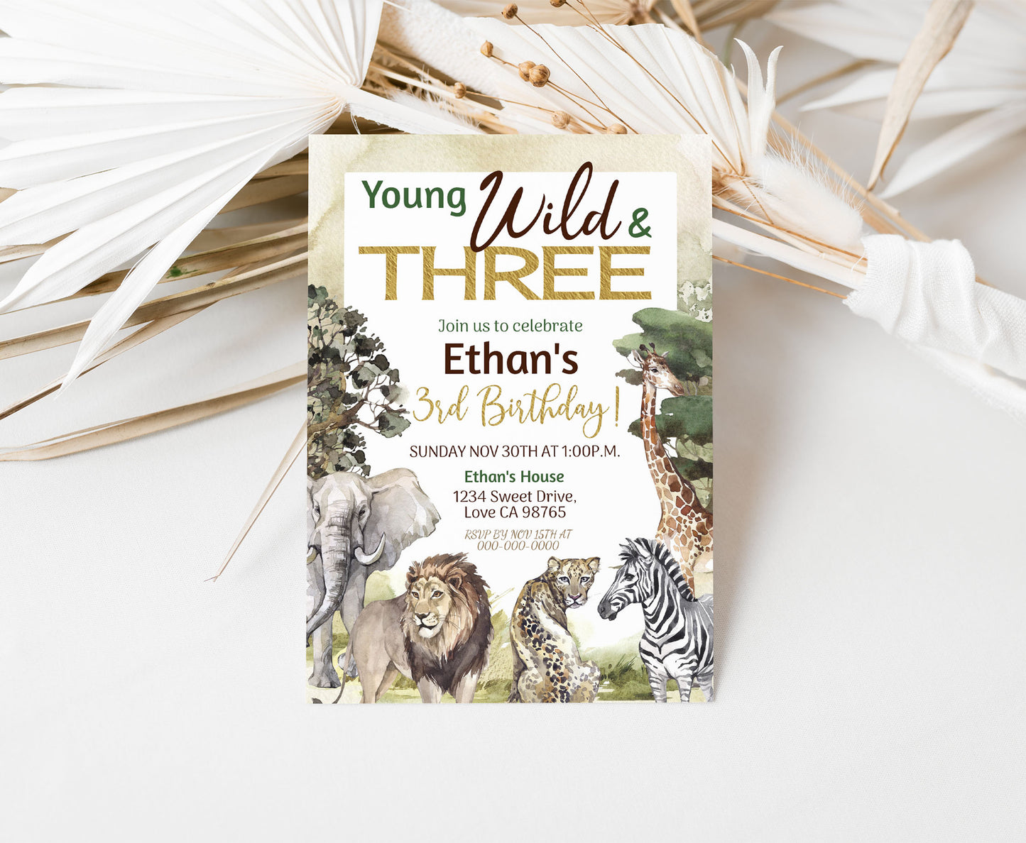 Young wild and three Birthday Invitation | Safari 3rd birthday Party Invite - 35I