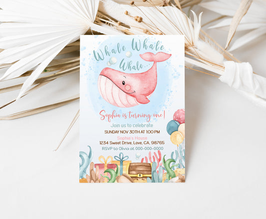 Editable Girl Under The Sea Birthday Invitation | Whale Party Invite - 44A