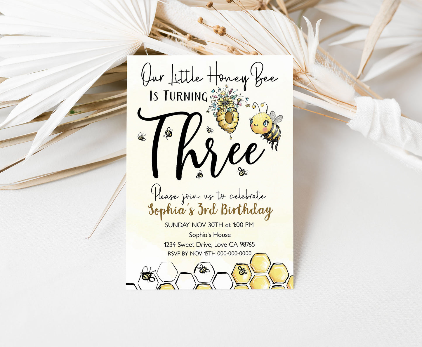 Our Little Honey Bee is Turning Three | Bee 3rd Birthday Party Invite - 61A