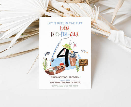 O-Fish-Ally four Birthday Invitation | Editable Fishing Theme Party Invite - 97A