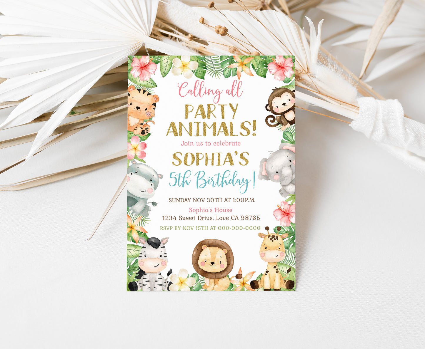 Calling all Party Animals, Girl Safari Party Animals Invitation | Editable Floral Jungle Birthday Invite - 35E